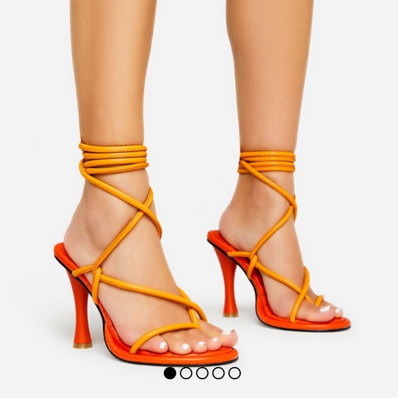 EGO GLOAMING LACE UP QUILTED INSOLE OPEN TOE SCULPTURED ROUND BLOCK HEEL -ORANGE - Picture 1 of 10